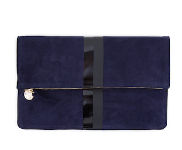 Navy Suede Striped Foldover Clutch maeree