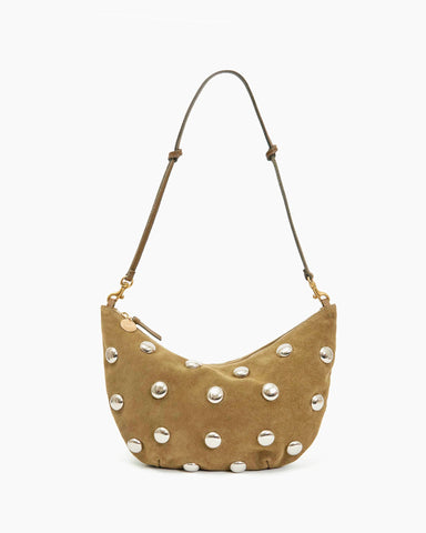 Clare V oat suede studded lune shoulder bag at maeree