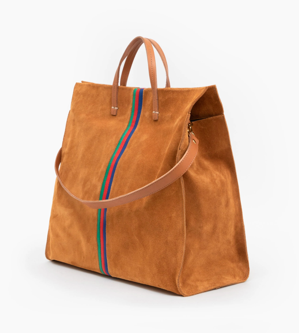 Clare V. - Petit Simple Tote in Camel Suede w/ Pacific, Cherry Red