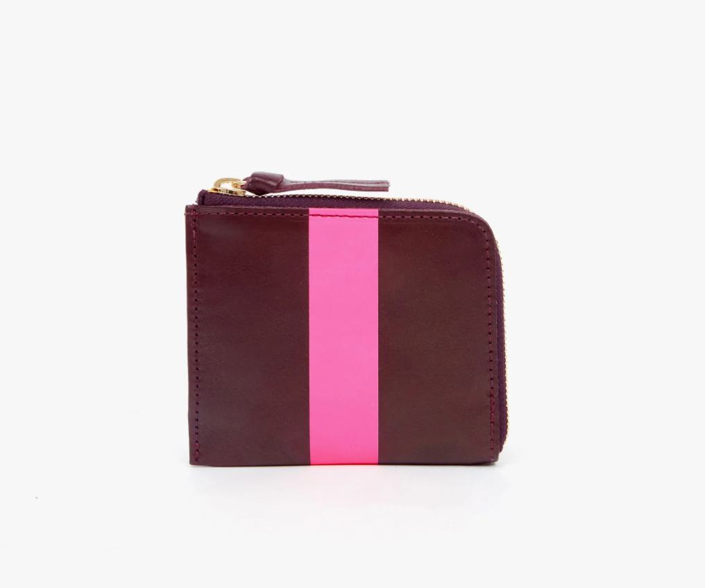 Clare V. - Corner Zip Wallet in Plum Rustic with Neon Pink Stripe