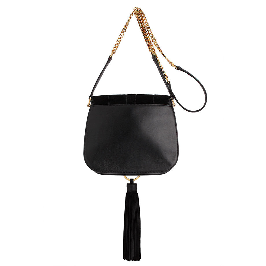 Black suede tassel online bag