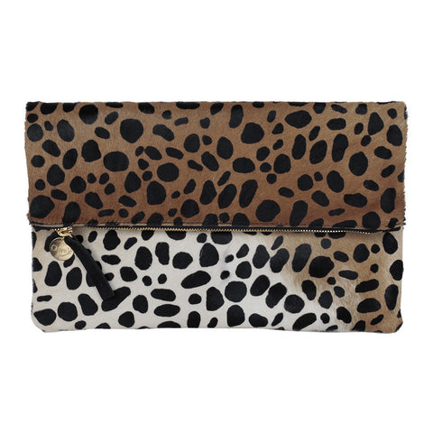 Hair on Leather Foldover Clutch Tan and Black Cheetah